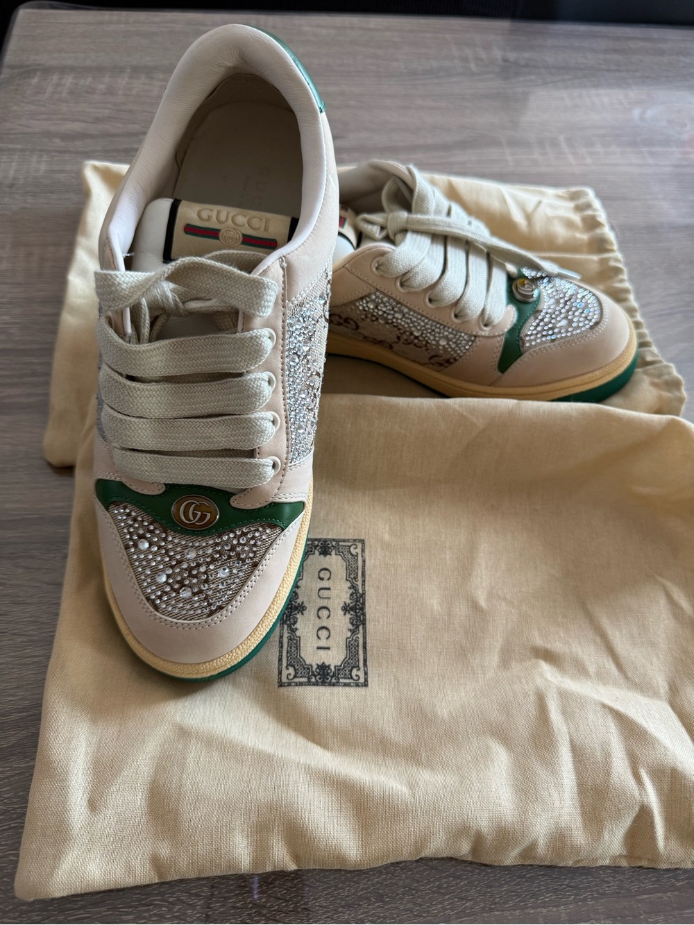 Gucci Beige Leather & Green Crystal-Embellished Women’s Sneakers - Picture 4 of 4